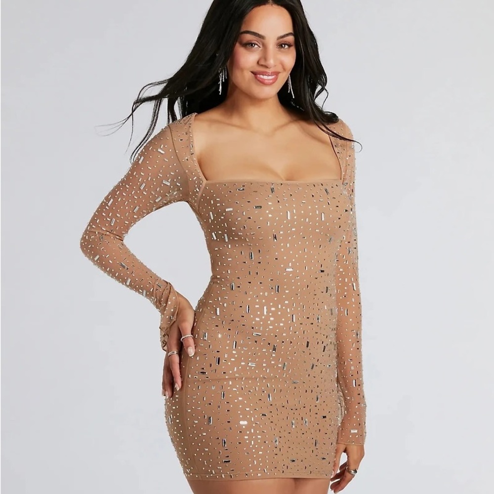 Windsor Dazzling Glam Long Sleeve Rhinestone Mesh Mini Dress